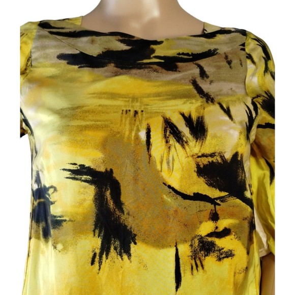 100% Silk Cocktail Dress Size XS Pockets Statement Avant Garde Graphic Yellow - Picture 3 of 13
